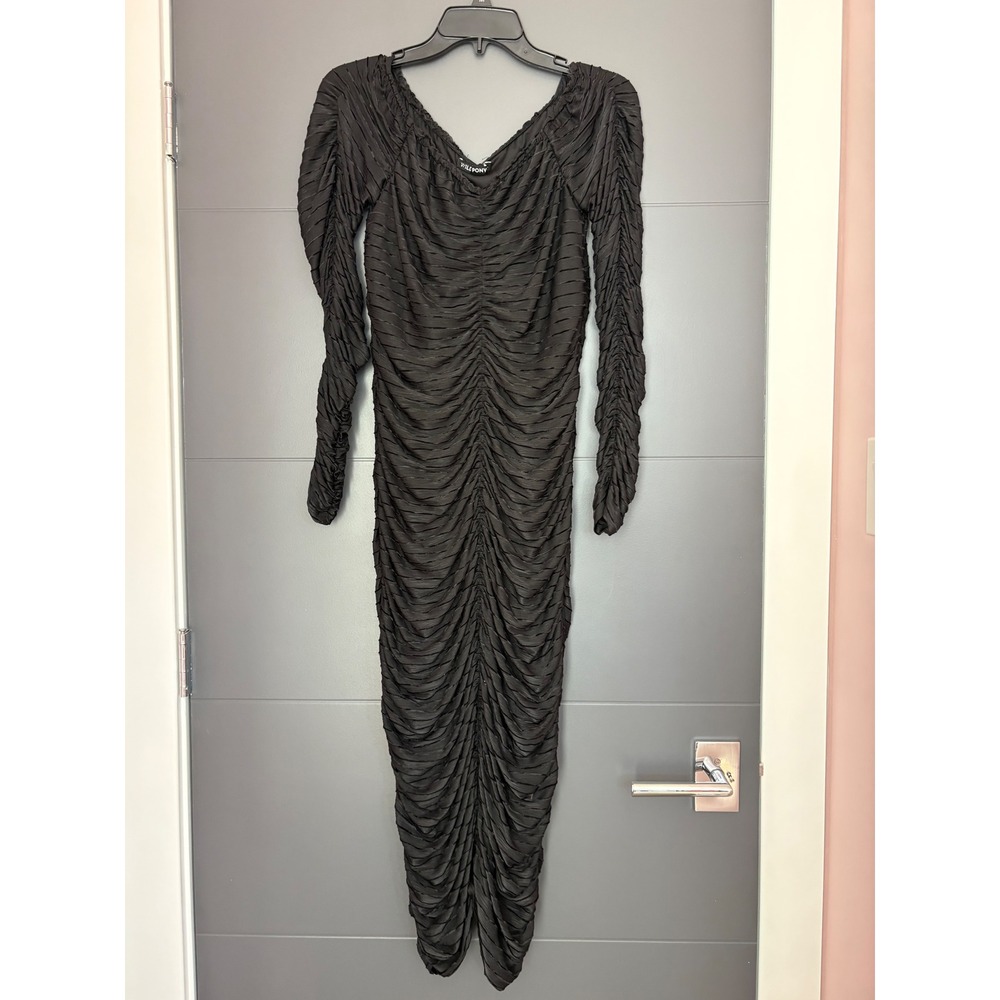 Wild Pony Black Ruched Bodycon Midi Dress Long Sleeve Off Shoulder Size L